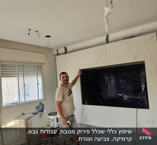 אדם עומד ליד טלוויזיה מותקנת על קיר